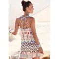 Strandkleid BUFFALO, Damen, Gr. 36, N-Gr, beige (creme, bedruckt), Jersey, Obermaterial: 95% Viskose, 5% Elasthan, bedruckt, modisch, figurumspielend Po-bedeckend, Rundhals, ohne Ärmel, Kleider Minikleid, mit besonderem Trägerdesign und Ethnoprint, Minikleid, Sommerkleid
