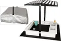 WONDERMAKE Sandkasten mit Abdeckung Deckel Dach, 2x Matschküche, Boden Vlies Sandkiste Holz, Design mit Bank quadratisch verschließbar Outdoor Garten schwarz weiß