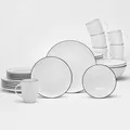 Kombiservice Blackline 24-teilig Porzellan weiß mit schwarzem Rand für 6 Personen – Kaffeebecher 350 ml, Dessertteller 20,5 cm, Speiseteller 27 cm, Schalen 17 cm