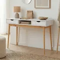 Schreibtisch STEFANO weiß / Eiche farben - Bürotisch mit 2 Schubladen und Fach aus Massivholz, Home Office Tisch, moderner Arbeitstisch