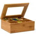 Teebox Mit 6 Fächern, Bambus, Teebeutel Aufbewahrung, Teekiste Mit Sichtfenster, Hbt: 9 X 22 X 16 Cm, Natur - Relaxdays