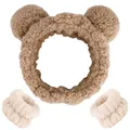 Haarband Schminken Plüsch Bären Ohren Gesicht Waschen Haarbänder Make up Stirnband mit Handgelenk Waschband,Haarband zum Abschminken Dusche Spa, Geburtstagsgeschenke für Frauen (Khaki)