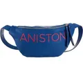 Umhängetasche ANISTON BY BAUR, Damen, Gr. B/H/T: 43cm x 20cm x 9cm, blau (blau, pink), Polyester, geprägtes Muster, bestickt, Taschen Gürteltasche, mit gesticktem Schriftzug