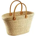 Kobolo Korbtasche Einkaufstasche Flechttasche Strandtasche Seegrastasche natur Ledergriffe - Damentasche Taschen mit Henkel Handtaschen Shopper Beutel - Braun