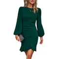 RPAEOY Damen Kleid Elegant Langarm Rüschen Bodycon Puffärmel Kurz Kleider Vintage Formal Dress Bleistiftkleid für Cocktail Abend Büro Sommer Herbst Grün XL