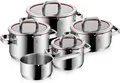 WMF Topf-Set Function 4, Glasdeckel mit 4 Abgießfunktionen, poliert, unbeschichtet, Cromargan® Edelstahl Rostfrei 18/10 (Set, 9-tlg., 1x Bratentopf 20cm, 3x Fleischtopf 16/20/24cm, 1x Stielkasserolle 16cm), Induktions Töpfe Set, Innenskalierung, für alle Herdarten geeignet