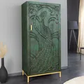 riess-ambiente Massives Highboard PEACOCK 170cm grün Mangoholz antik 3D Schnitzerei Pfau-Design