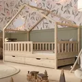 Crazy Pine Hausbett mit Schubladen 80x160 cm – Kinderbett aus Naturholz – Bodenbett mit Stauraum und Abnehmbarer Barriere - Crazy House - Naturbelassen