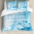 ABAKUHAUS Hochzeit Bettbezug, Trauringe Pearls, Milbensicher Allergiker geeignet mit Kissenbezügen, 155 cm x 220 cm - 80 x 80 cm, Blassblau Weiß