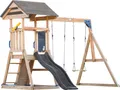AXI Mia Spielturm aus Holz in Braun mit Doppelschaukel | Spielplatz für Kinder mit grauer Rutsche, Schaukel, Kletterwand & Sandkasten | Stelzenhaus für den Garten