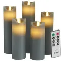 Candela Lights LED Kerzen 5er Set Stumpenkerze grau Echtwachs mit Fernbedienung Timer Funktion & mehrstufig dimmbar bewegliche Flamme Echtwachskerzen