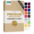 Jacobson Spannbettlaken PREMIUM 200 g/m2 Jersey aus 97% Baumwolle & 3% Elasthan, Extra dichtes Bettlaken mit maximalem Halt beige|braun 180 - 200 cm x 220 cm