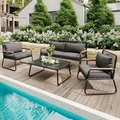 BTM Garten-Lounge-Set, Sofa-Tisch-Set für 4 Personen mit Gestell aus verzinktem Eisen, Tischplatte aus gehärtetem Glas, verstellbare Beine, inklusive Aller Sitz- und Rückenkissen, schwarz