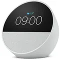 Amazon Echo Spot 2024, weiß Smart Clock, Erinnerungen, Wetter, Timer und mehr. Lass dir Songtitel anzeigen und steuere einfach per Sprachbefehl