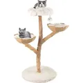 COSTWAY 122cm Kratzbaum Holz, Katzenbaum mit Plüschsitzfläche, 2 Körben aus Rattan, Kratzpfosten aus Jute & Ball, Katzenmöbel Massivholz, Weiß... - Weiß/Naturbelassen