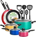 NutriChef Töpfe und Pfannen Set, Kochgeschirr Set 15-Teilig, Antihaft Cookware Set Inkl. Topfset, Pfannenset Induktion & Küchenzubehör, für alle Herdarten, PFOA/PFOS frei, Spülmaschinenfest, Bunt