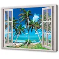 WallArena - Leinwand Bilder - Fensterbilck Strand Meerblick Natur - 100x75 cm Leinwandbilder - Bild auf leinwand - Wandbild XXL groß Wandbilder für Wohnzimmer Schlafzimmer Wohnzimmerbilder Modern