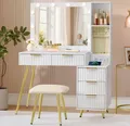 VASAGLE Schminktisch Frisiertisch mit Schubladen, Hocker, LED-Leuchten (Set, 1 Tisch mit 1 Hocker), Kosmetiktisch, 10x Vergrößerungsspiegel, Schmucktablett, Ladestation