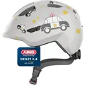 ABUS Kinderhelm Smiley 3.0 - Fahrradhelm mit tiefer Passform, kindergerechten Designs & Platz für einen Zopf - für Mädchen und Jungs - Grau mit Auto-Muster, Größe S