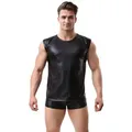 Lau-Fashion T-Shirt Muskelshirt Lack Leder Wetlook Body Unterhemd Schwarz Strip Gogo M/XL M/L