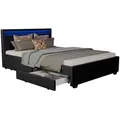 Juskys Led Polsterbett Lyon Mit Bettkasten – Bettgestell Aus Holz & Kunstleder Mit Lattenrost – Einzelbett Jugendzimmer Möbel – 140 X 200 Cm - Schwarz