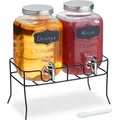 Relaxdays Getränkespender mit Ständer, 2er Set, Limobehälter 4L, Zapfhahn und Deckel, Wasserspender, Glas, transparent - Transparent