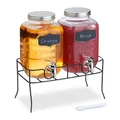 Relaxdays Getränkespender mit Ständer, 2er Set, Limobehälter 4L, Zapfhahn und Deckel, Wasserspender, Glas, transparent