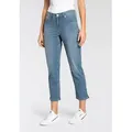 7/8-Jeans MAC "Melanie-7/8 Embro", Damen, Gr. 34, Länge 27, blau (blau used wash), Denim/Jeans, Obermaterial: 88% Baumwolle, 9% Elastomultiester, 3% Elasthan, Abriebeffekte, figurbetont knöchelfrei, Jeans, Form Melanie verkürzt und mit Schlitzen