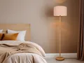 Große LED Stehlampe Holzlampe mit Stoffschirm für Wohnzimmer hinter Sofa & Flur