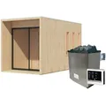 Karibu Design Saunahaus Miramar mit Vorraum - 73 mm naturbelassen Inkl. Terrasse 9 kW Ofen inkl. Steuergerät