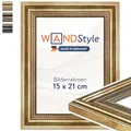 WANDStyle Bilderrahmen 15x21 Vintage, Bilderrahmen Gold Holz, hochwertiger Holzbilderrahmen Antik, Posterrahmen zum Aufhängen und Aufstellen, Rahmen 21x15 cm, Fotorahmen H450 - Made in Germany