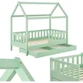 Juskys Kinderbett Marli 90 x 200 cm - Bettkasten, Gitter, Lattenrost & Dach - Holz Mint - Türkis
