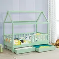 Juskys® Kinderbett Marli 90 x 200 cm mit Bettkasten 2-teilig, Rausfallschutz, Lattenrost & Dach - Massivholz Hausbett für Kinder - Bett in Mint