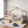 Hausbett ENA aus massiver Kiefer, schönes Montessoribett in 90 x 200 cm, Kinderbett mit Rausfallschutz, stabiles Spielbet mit Dach und 2 Schublade...