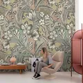 Digitaldruck Vlies Tropisch Gemalt Blumen Grau Blau Rot Creme ML4501 (12,35€/1qm