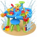 Sand- und Wasserspieltisch NARIUS M, 4 separate Wasserbecken, 1 Hocker, Wassertisch Kinder Outdoor für Wasserspiele draußen, Balkon und Garten, Matschtisch mit Sandkastenspielzeug, Eimer, Schaufel