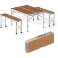 Wiltec Koffertisch mit 2 Bänken Holzdesign Aluminium Campingtisch Klapptisch