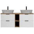 Lomadox Waschtisch ADELAIDE-56-WHITE, 140cm, weiß mit Eiche Nb., Keramik-Aufsatzbecken Beton Optik hell weiß 141 cm x 73 cm x 47 cm