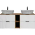 Lomadox - Waschtisch 140cm Mit 2 Aufsatzbecken In Betonoptik, Weiß Mit Eiche Nb., Front Gerillt, Adelaide-56-white