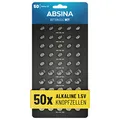 ABSINA 50er Pack Alkaline Knopfzellen Sortiment - je 10x AG1 LR621, AG4 LR66, AG10 LR1130 / 15x AG3 LR41 / 5X AG13 LR44-1,5V Batterie Sortiment auslaufsicher - Knopfzellen Set gemischt