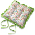 Homescapes Sitzkissen 40x40 cm „Retro-Blumen“ grün-rosa – Vintage Stuhlkissen mit Rüschen & Bändern, Wende-Design mit gestreifter Rückseite, waschbar & Oeko-TEX