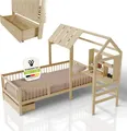 Juskys Kinderbett Yari 90x200 cm - Integrierter Schreibtisch, Praktische Schublade, Massiver Kieferrahmen - natur