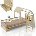 Juskys Kinderbett Yari 90x200 cm - Integrierter Schreibtisch, Praktische Schublade, Massiver Kieferrahmen - natur