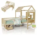 Juskys Kinderbett Yari 90x200 cm - Einzelbett mit Schreibtisch & Schublade, Kiefernholz & Langlebige Materialien, Verspieltes Haus-Design - Natur