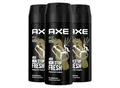 axe Deo-Spray 3x Axe Bodyspray Gold Deo ohne Aluminium 150 ml, 3-tlg., bekämpft geruchsbildende Bakterien und unangenehme Gerüche