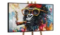 YS-Art Gemälde Stadt, Meer, Küste, Möwen, Cooler Affe mit Zigarre, Goldene Zweige, Leinwandbild gerahmt