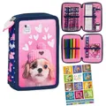 Goldkids - Federmäppchen 2 Fächer - Mäppchen für Mädchen und Jungen - Federmappe 2-Fach Federtasche Gefüllte Schüleretui 27-teilig - Schulmäppchen und Hausaufgabenheft - Hund Motiv
