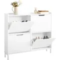 SoBuy Schuhschrank Schmal mit 4 Klappen Schuhkommode 100x91x19cm Weiß FSR100-W