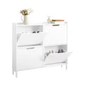 SoBuy Schuhschrank Schmal mit 4 Klappen – Platzsparender Schuhkipper für Kleine Wohnungen, Enge Flure & Durchgänge, Flurschrank für Familien mit Kindern & Designliebhaber, Weiß, 100x91x19 cm, FSR100-W