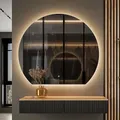 Planetmöbel Aube Spiegel mit Beleuchtung halbrund Bogenspiegel, Spiegel mit LED-Licht, Dekorativer Wandspiegel gerade Unterkante, Dimm-Funktion, 4200k neutralweißes Licht, 100 x 90 cm
